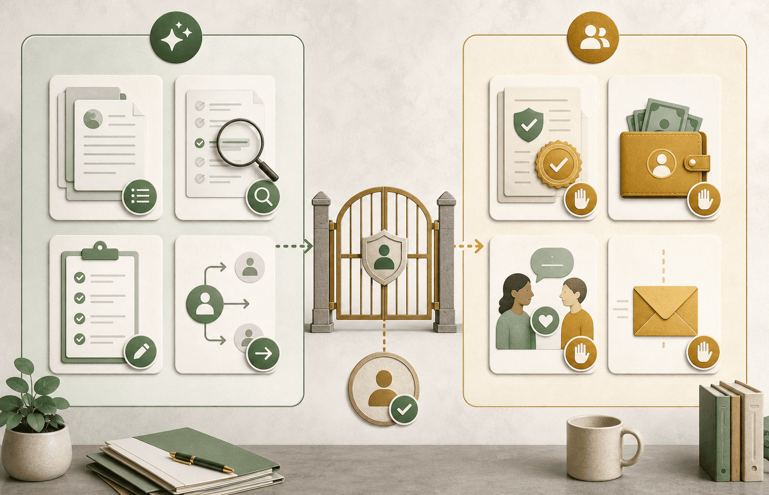 Editorial guardrails board showing assistant tasks on one side, manager review gate in the middle, and blocked final decisions on the other side