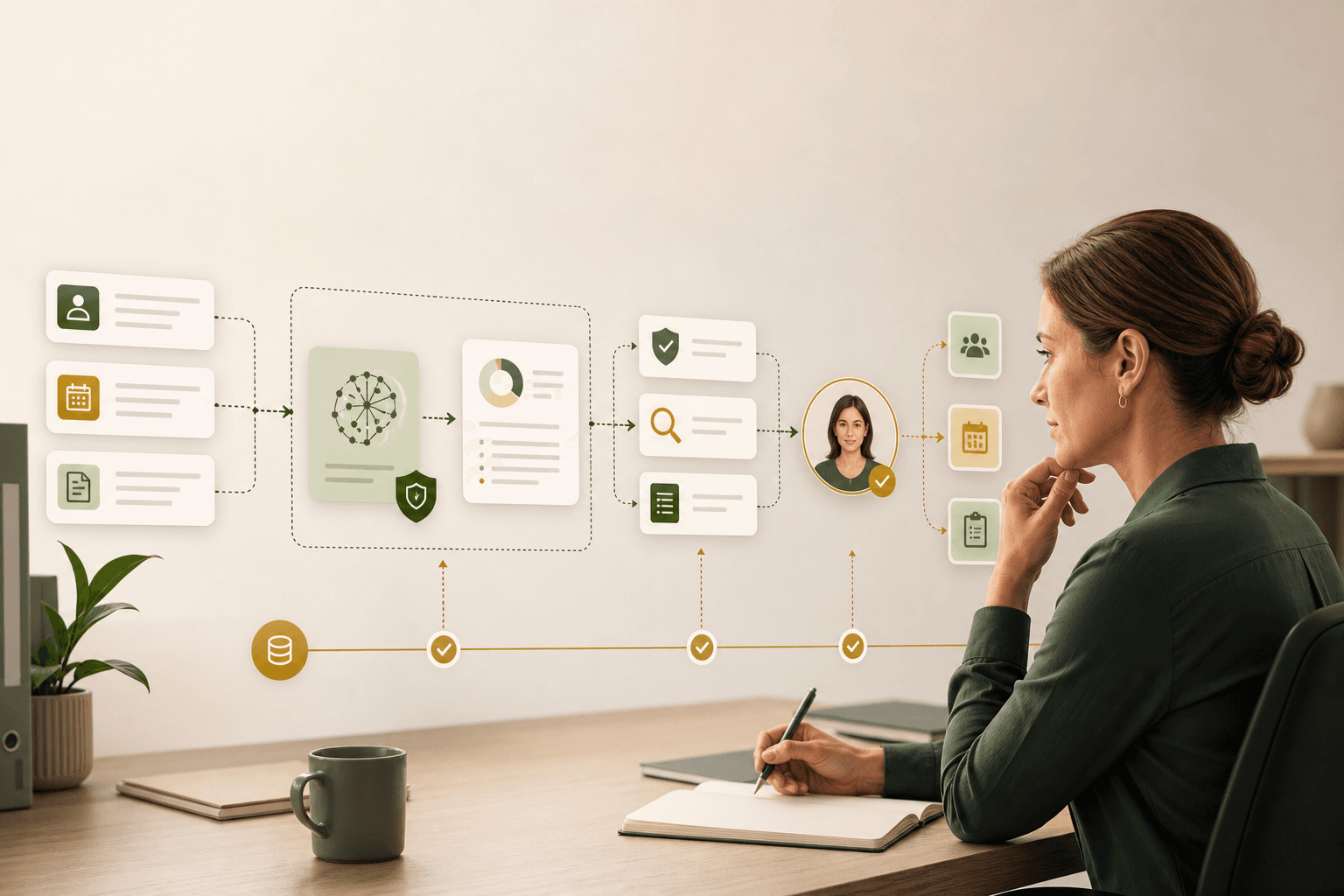 Editorial image showing AI summary cards moving through privacy checks, source review, audit trail, and manager approval in an Australian NDIS operations workflow