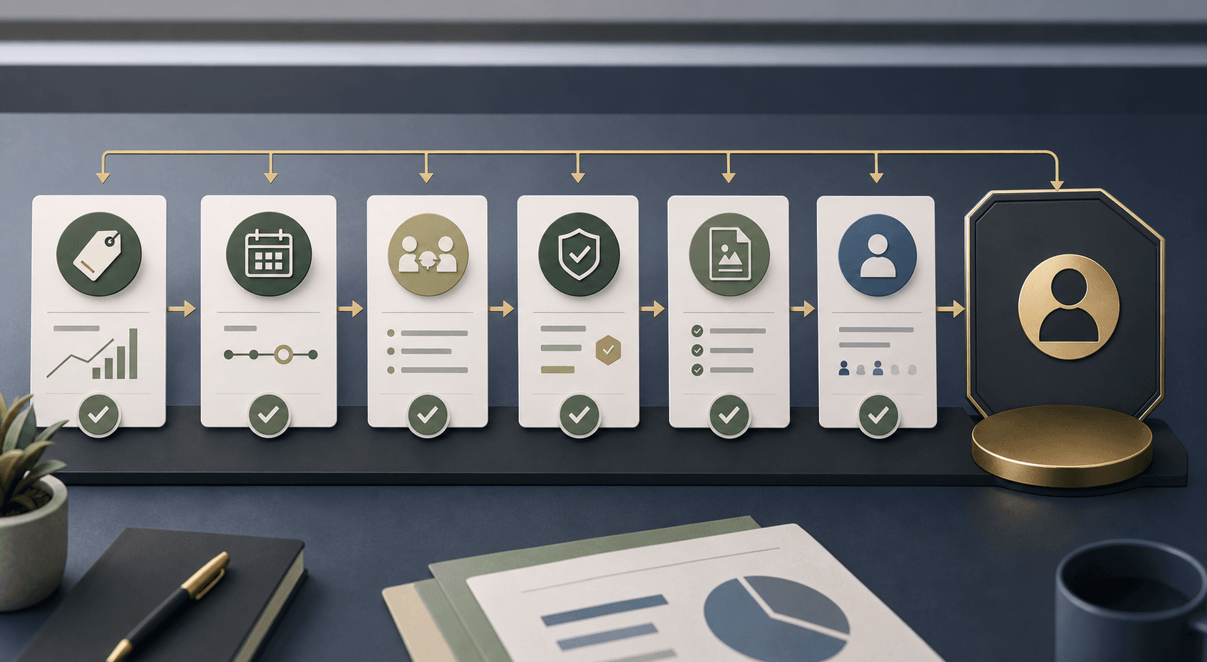 Editorial checklist showing updated support price, service booking date, agreement change, approval status, delivered evidence, and exception owner flowing into a manager review gate