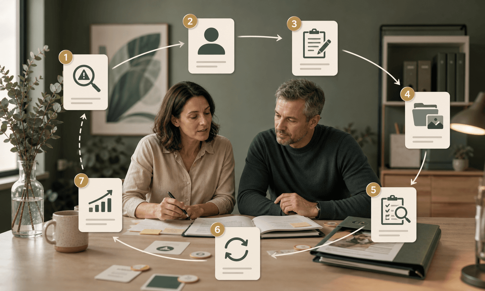 Two quality managers reviewing a finding, owner, corrective action, evidence and re-check loop