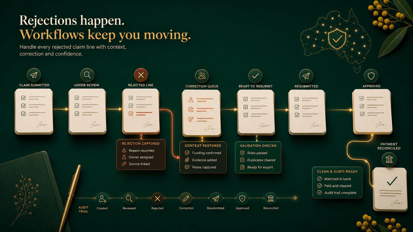 Editorial generated image showing a rejected NDIS claim line moving through correction, resubmission, approval, and reconciliation