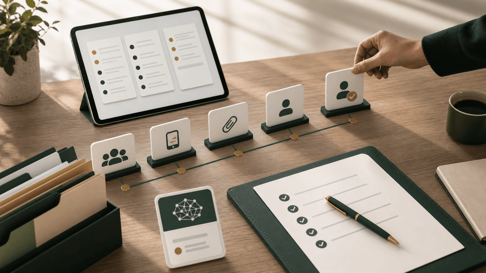 Editorial audit evidence trail with abstract review cards, evidence folders, a bounded AI suggestion card, and a human final review step