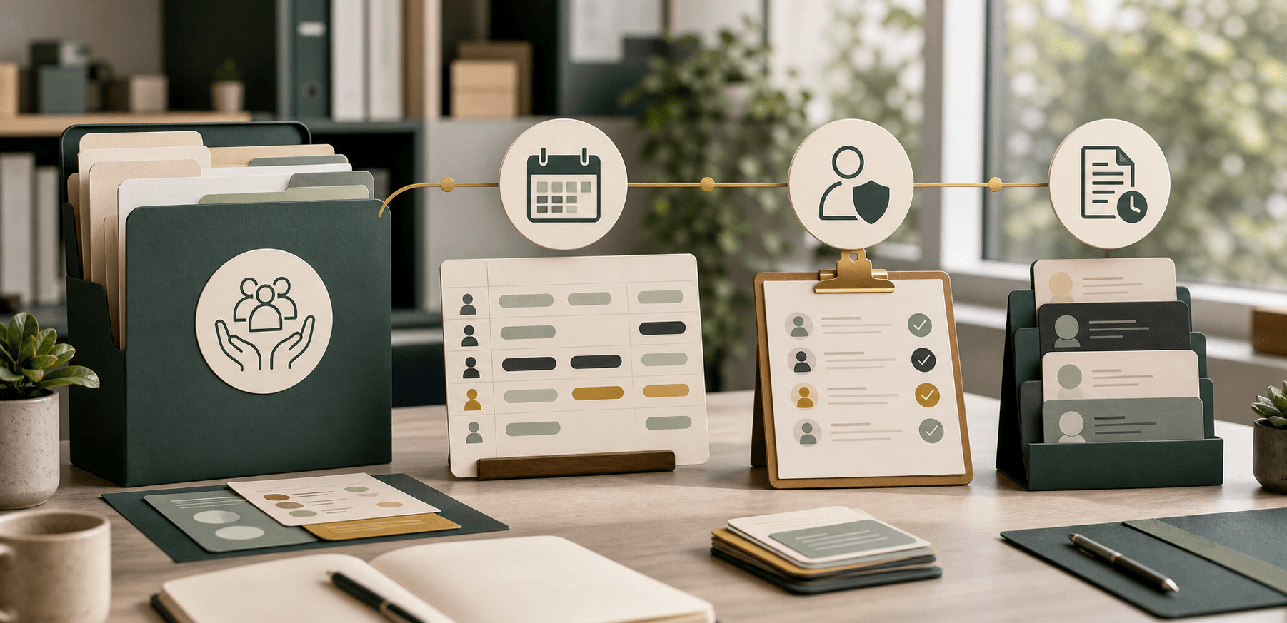 Editorial workflow image showing behaviour support plan context connected to roster, staff readiness, safeguard icons, authorisation evidence, and audit trail cards