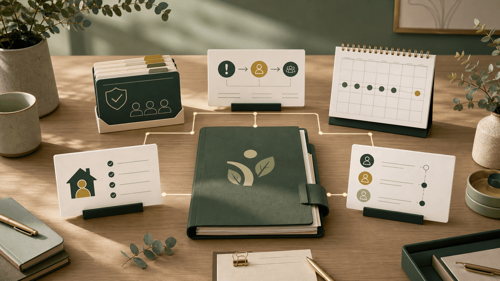 Editorial NDIS provider compliance workflow showing behaviour support plan folders, restrictive practice register cards, monthly reporting calendar, incident escalation note, and manager review trail