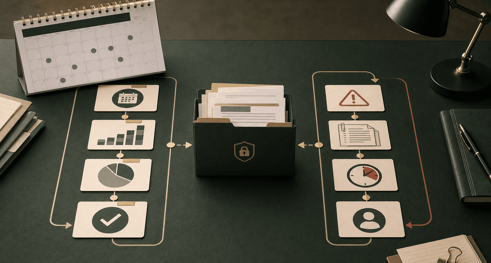Editorial two-lane workflow showing monthly restrictive-practices reporting calendar separated from incident escalation evidence and manager review checkpoint