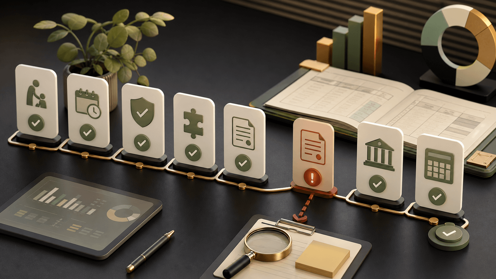 Editorial finance review workflow connecting delivered support evidence, approval status, claim line, and reconciliation ledger with one exception marker