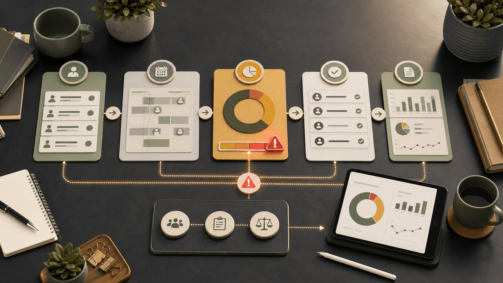 Editorial NDIS provider workflow showing rostered supports, participant budget threshold, billing review, and manager decision signals connected across a desk