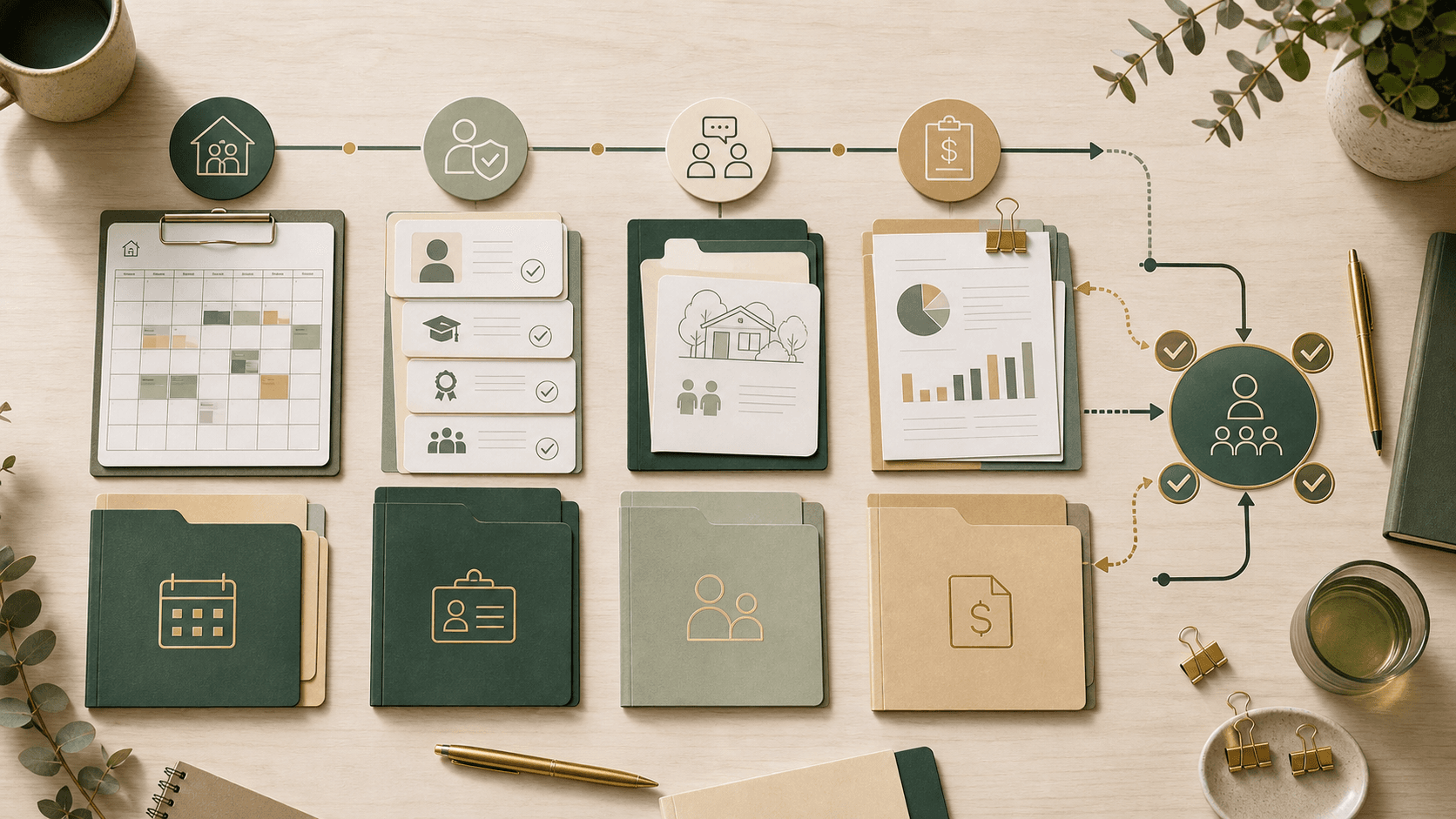 Editorial workflow showing house roster, worker evidence, participant transition records, and finance review folders flowing into a manager review checkpoint without readable app text