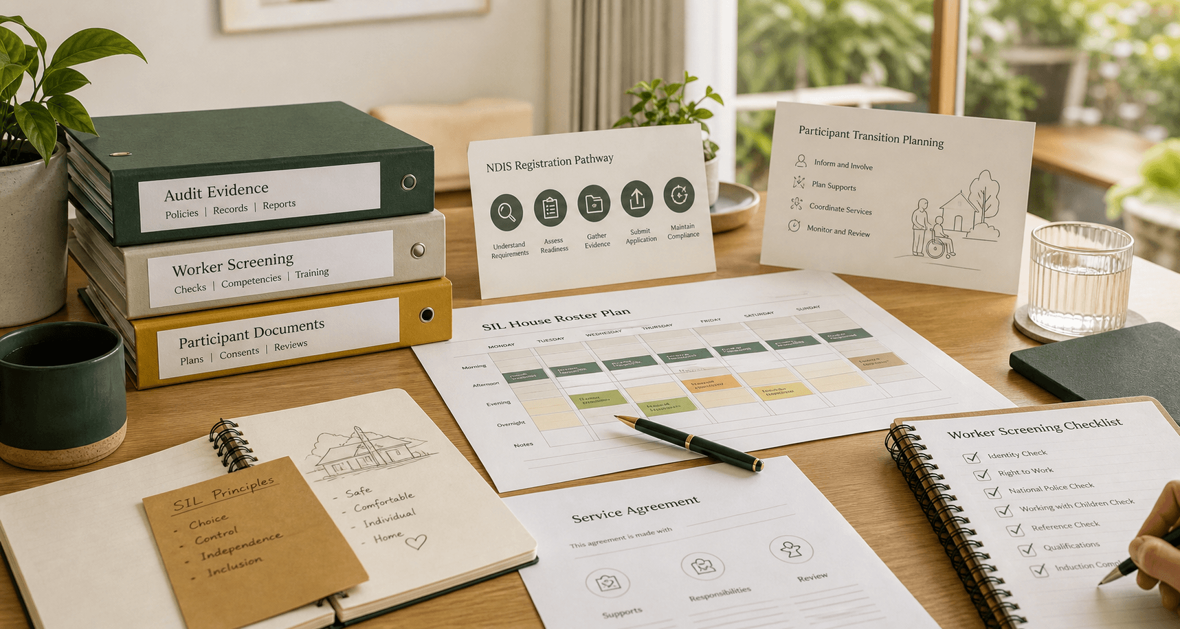 Editorial image showing SIL roster planning, NDIS registration pathway notes, audit evidence folders, worker screening records, participant transition planning, and service agreement context