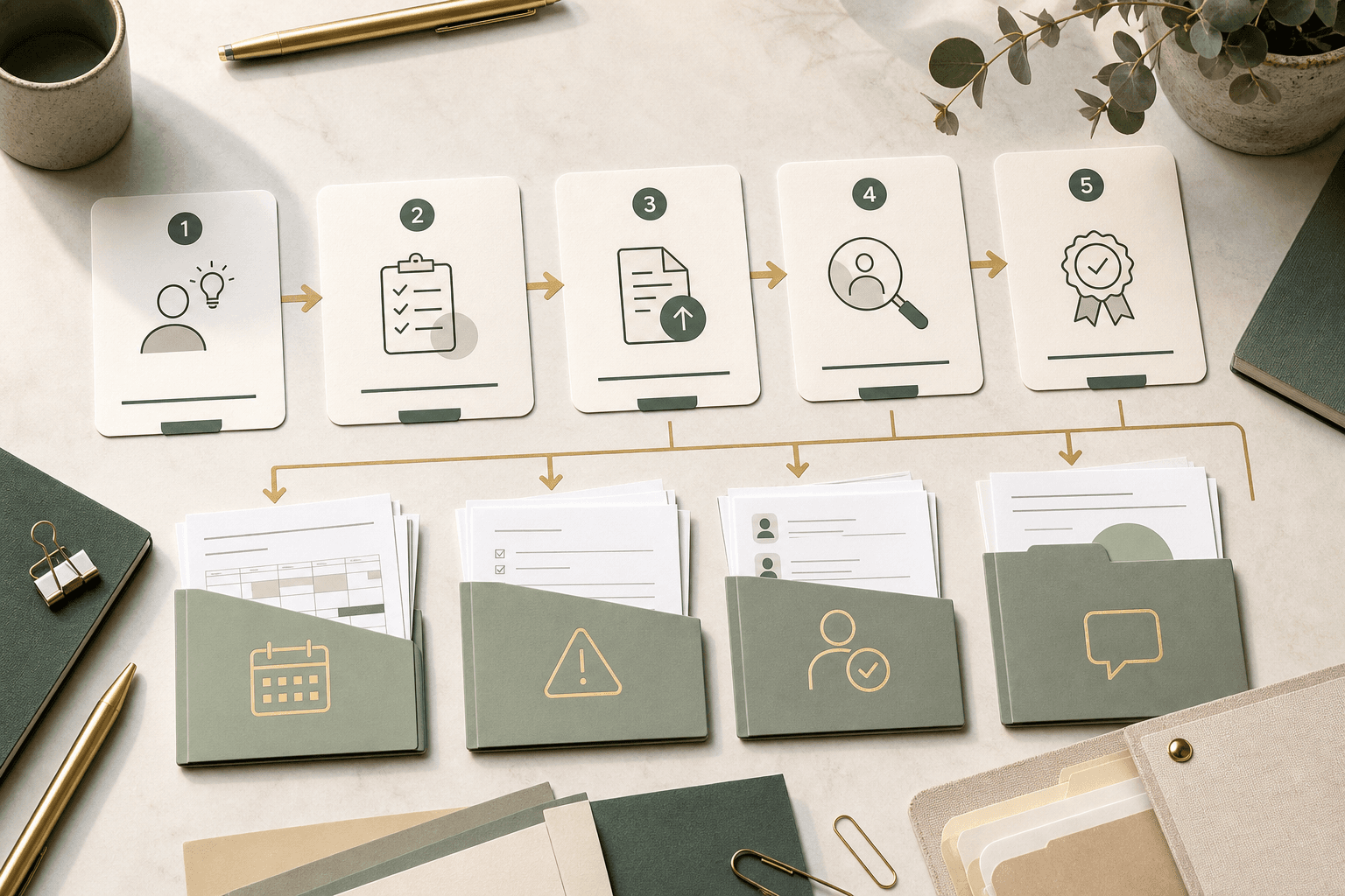 Editorial workflow cards showing a five-step registration transition pathway connected to roster, incident, worker, and participant evidence bundles