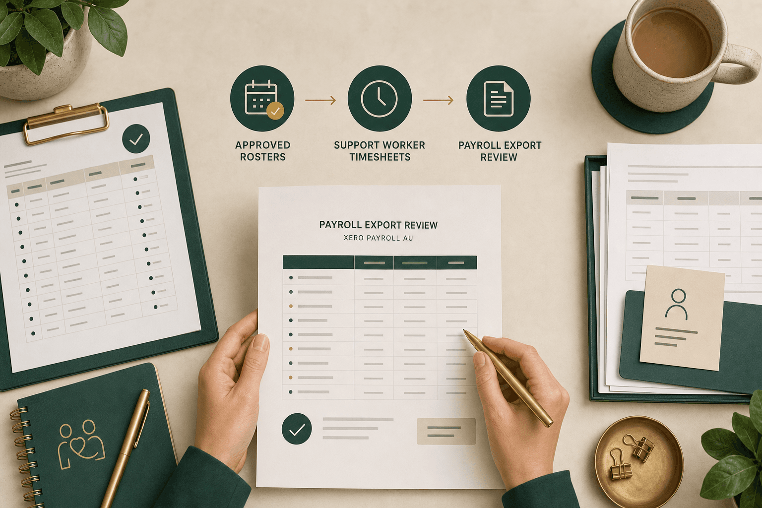 Editorial NDIS provider workflow showing approved rosters, support worker timesheets, and payroll export review connected across a desk