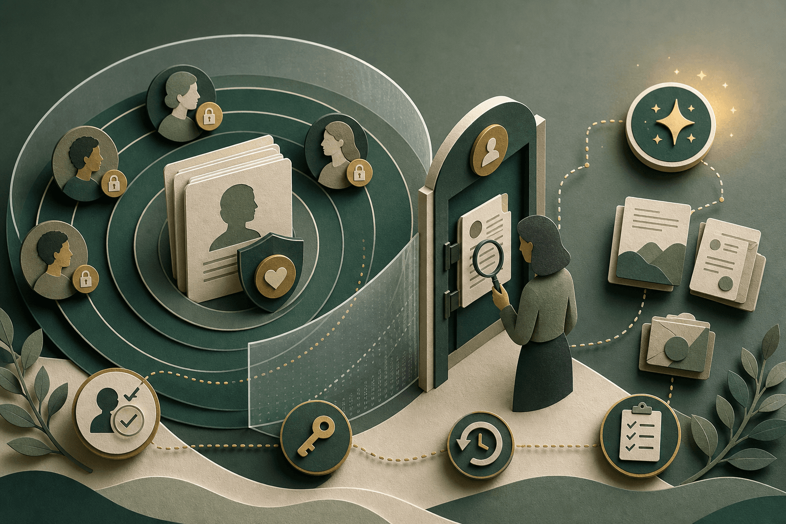 Editorial privacy diagram with a protected participant record, role-based access, source review, audit history, and optional AI assistance outside a human approval gate