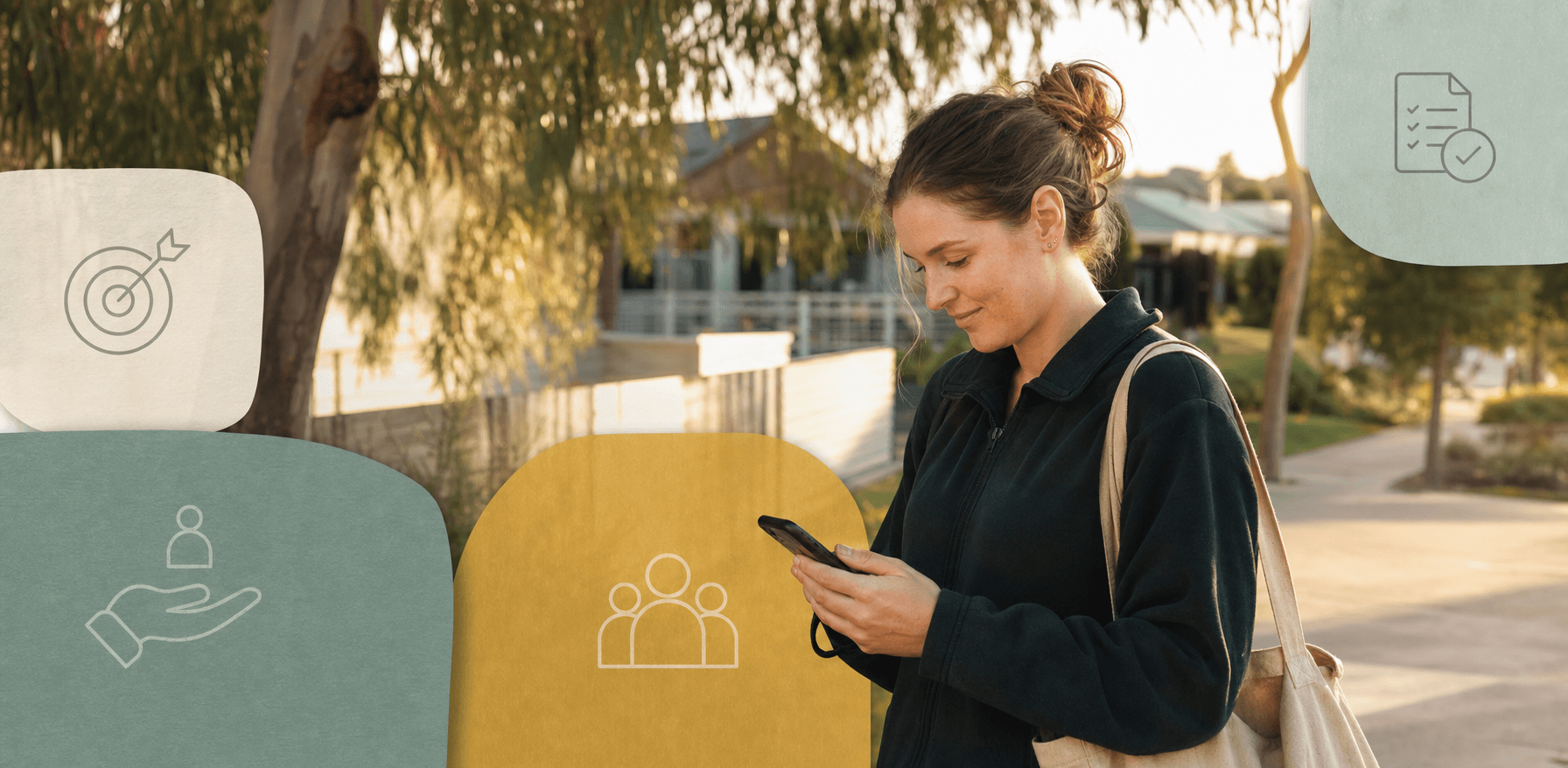 Australian disability support worker completing a case note on a phone after a community shift, with abstract goal, review, and audit motifs