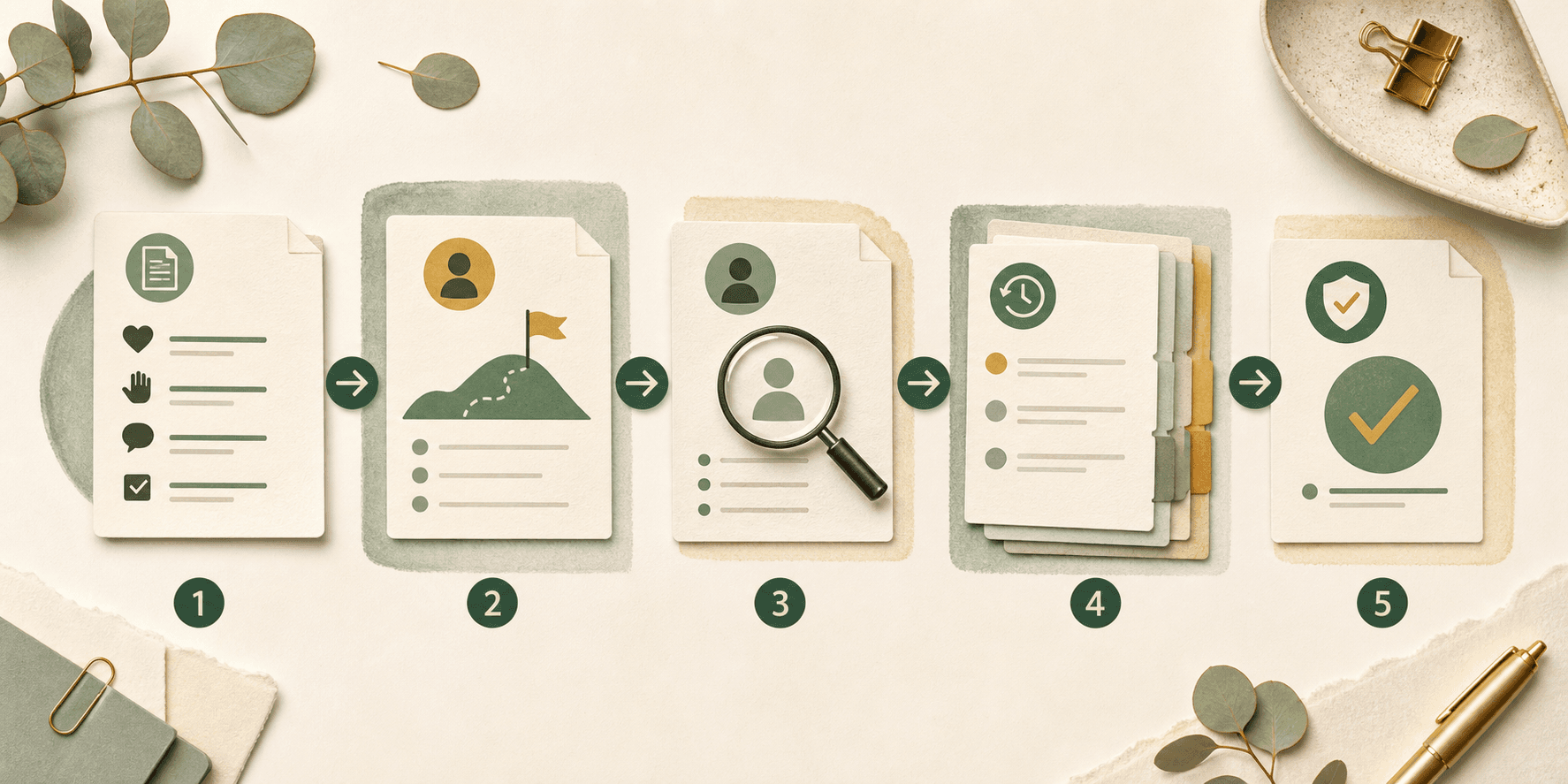Five-stage editorial workflow moving a support note through delivered-support facts, goal context, manager review, correction history, and approval