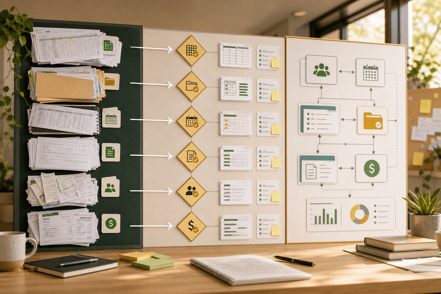 Editorial implementation board showing NDIS spreadsheets, folders, rosters, worker evidence, and billing samples being reviewed before migration into connected operating workflows