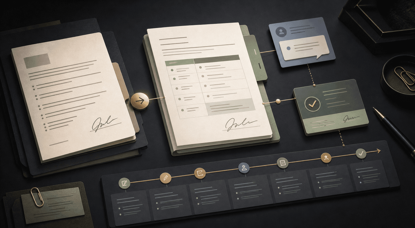 Editorial change-control workflow showing an original service agreement, updated support schedule, participant communication, manager approval, and audit trail