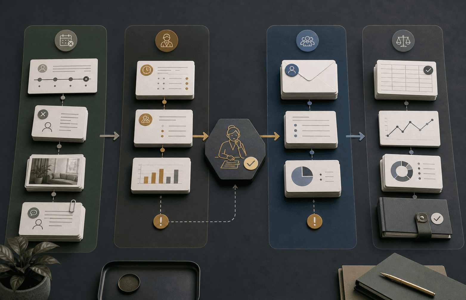 Editorial workflow showing cancelled support evidence, worker payroll review, participant billing queue, reconciliation records, and a manager checkpoint
