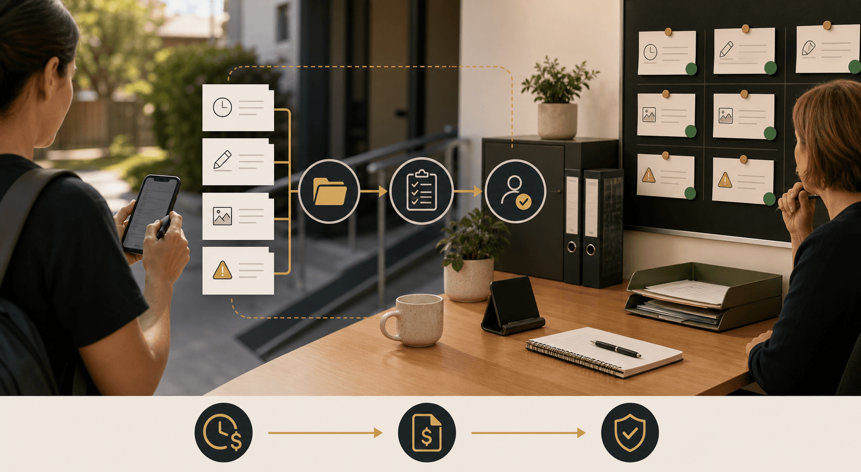 Editorial field-to-office review loop showing mobile shift evidence, handover notes, incident signals, manager review, timesheet, billing, and compliance handoff