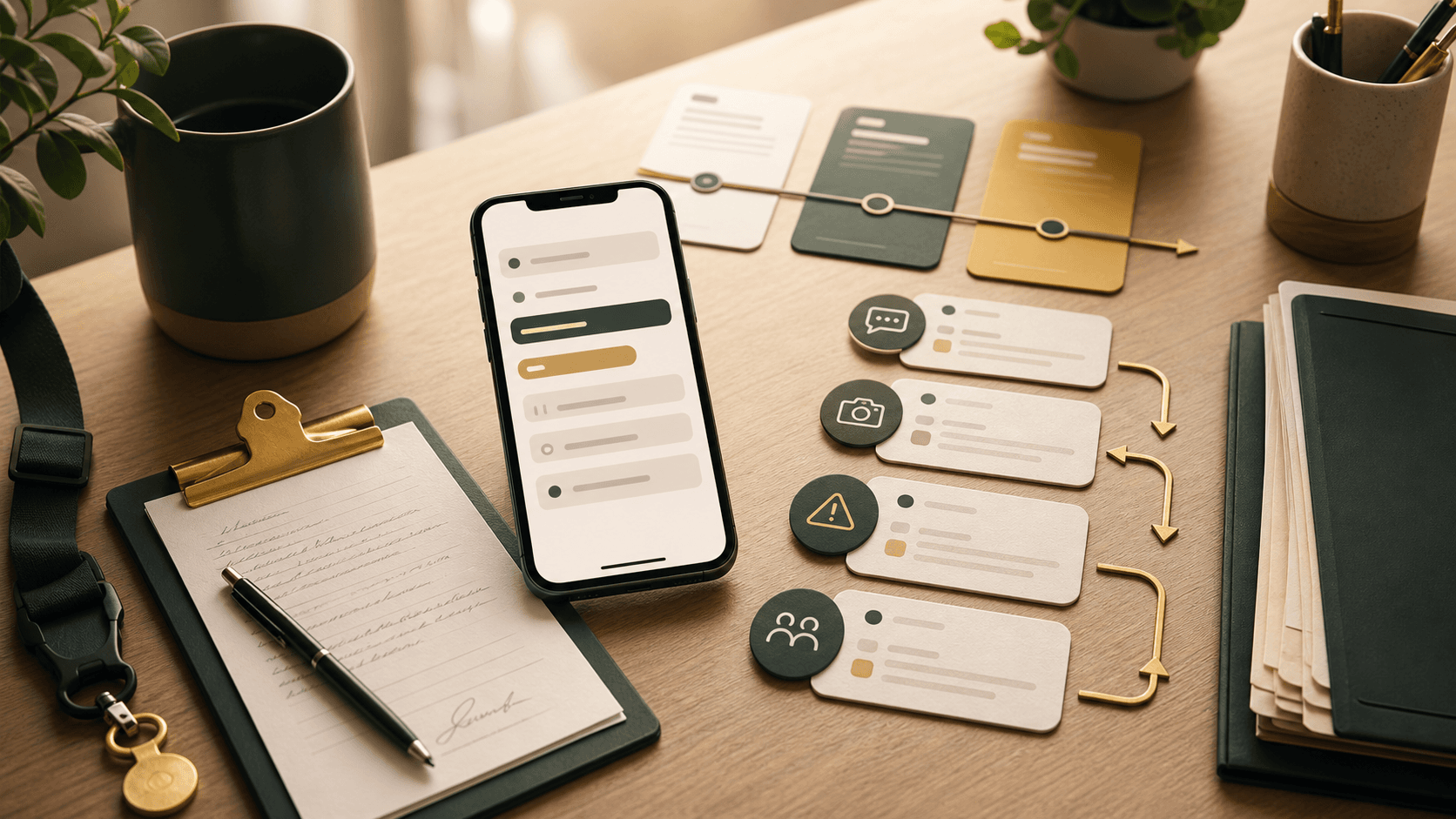 Editorial support worker mobile workflow with a phone, roster cards, shift notes, evidence markers, and office review trail