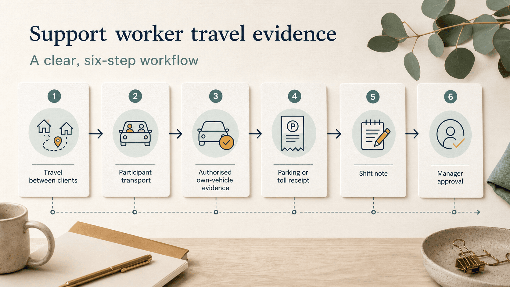 Editorial six-step support-worker travel evidence workflow showing travel between clients, participant transport, authorised vehicle evidence, receipt, shift note, and manager approval