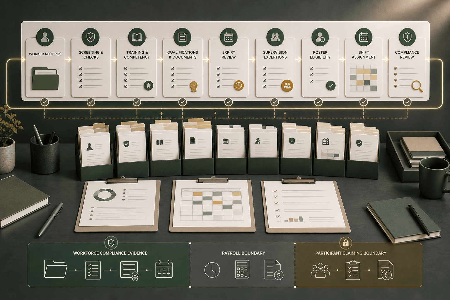Editorial workflow showing worker records, screening checks, training evidence, qualification review, expiry review, supervision exceptions, roster eligibility, shift assignment, compliance review, payroll boundary, and participant claiming boundary