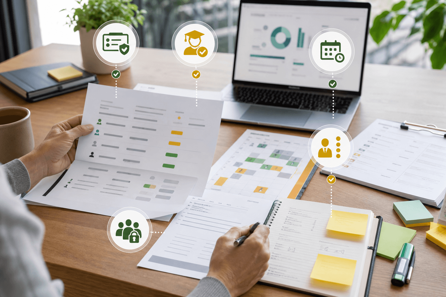 Editorial image showing NDIS worker screening, training evidence, expiring credential alerts, and roster eligibility review before shift assignment