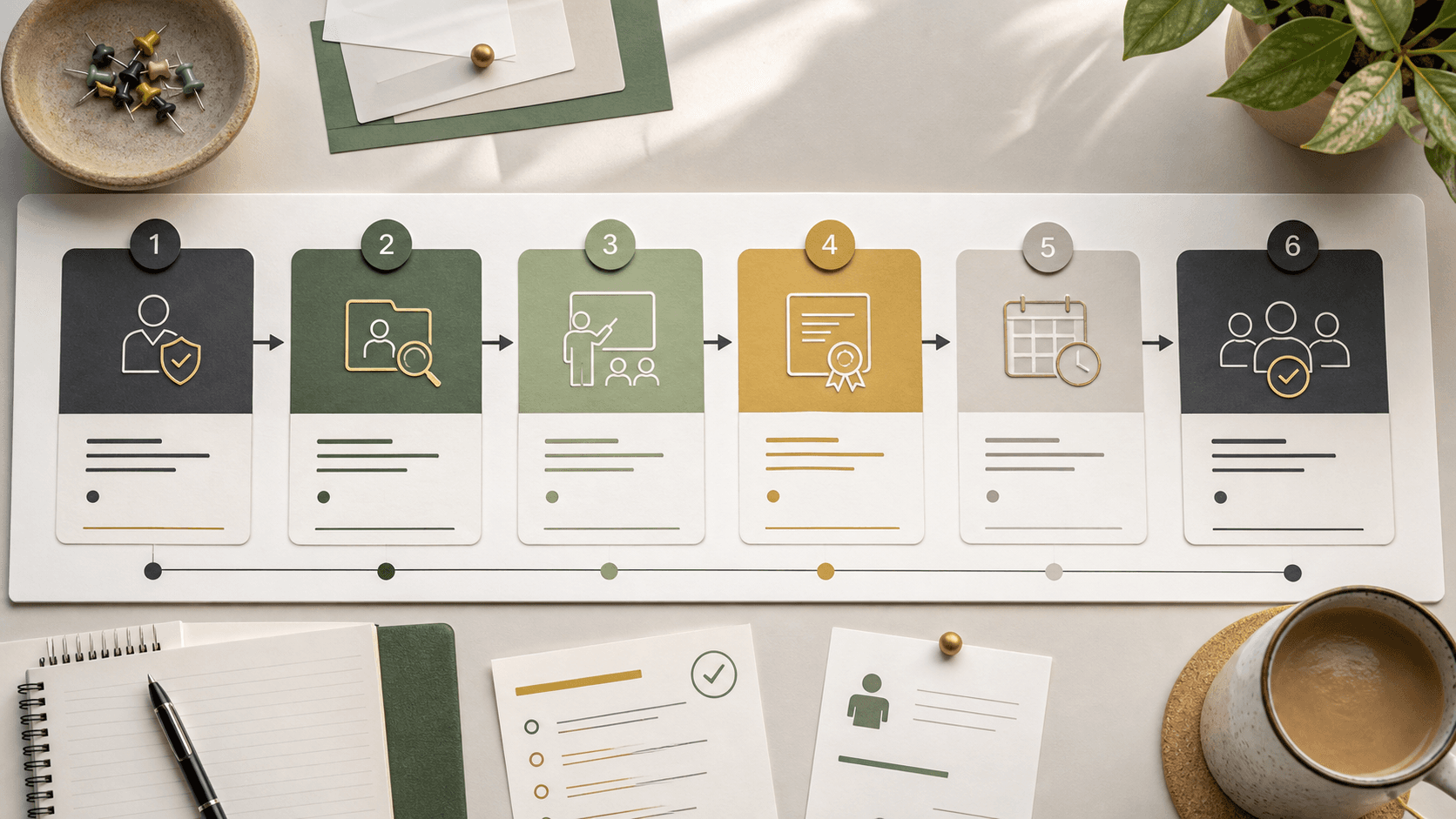 Six-step editorial workflow showing role assessment, screening check, training evidence, qualification review, expiry review, and roster assignment gate