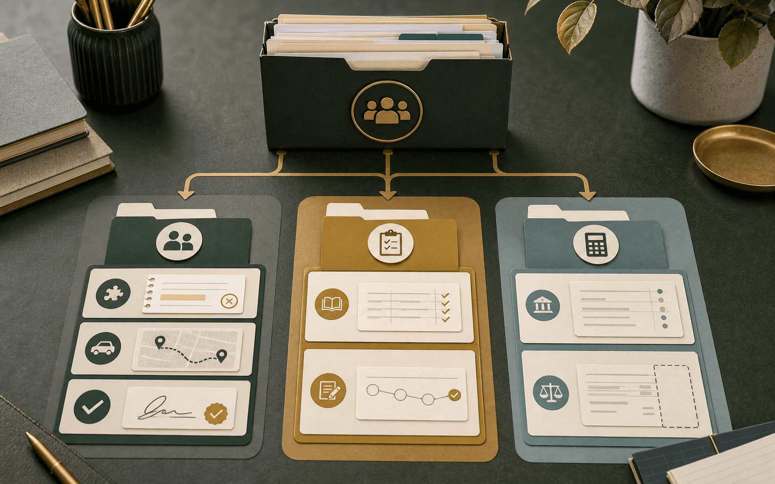 Editorial image showing one roster evidence folder splitting into payroll review, NDIS claim readiness, and Xero reconciliation lanes