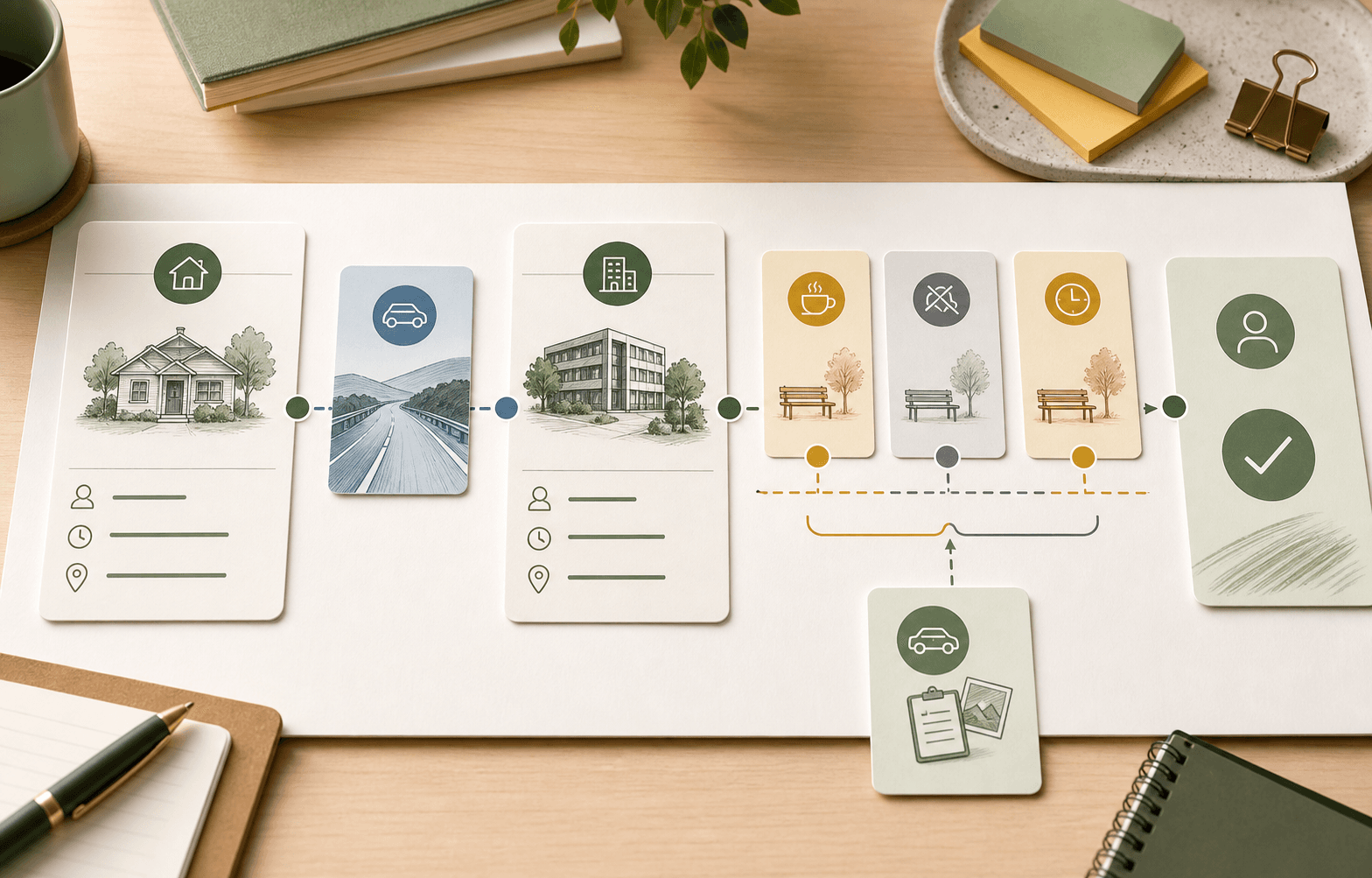 Editorial workflow showing two client visits connected by a travel segment, break classification cards, own-vehicle evidence, and a timesheet approval checkpoint