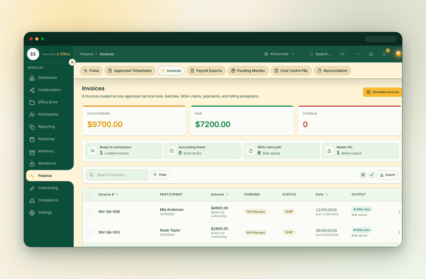 Effica billing and claims workbench for NDIS provider finance review