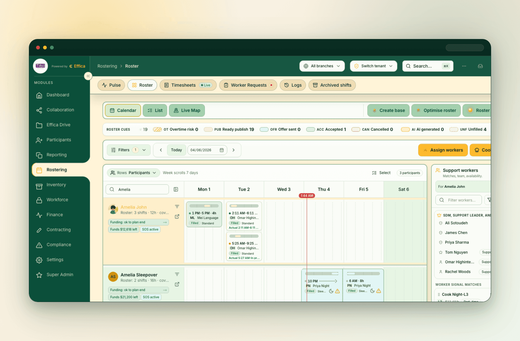 Effica roster workbench for SIL shift review and shared support planning