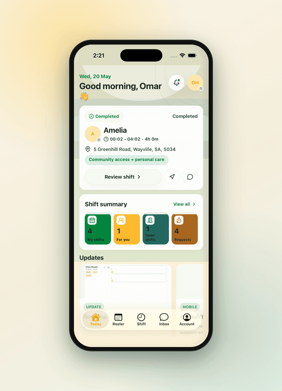 Effica support worker mobile workflow screen with synthetic demo data